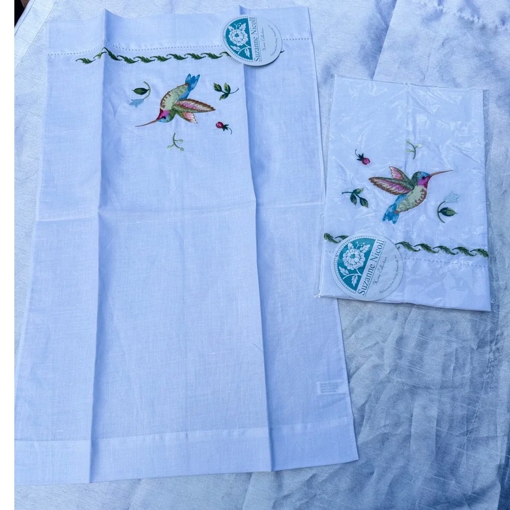 Suzanne Nicoll Hummingbird Embroidered Guest Towels Set of 2 Linen Cotton White